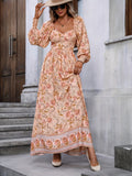 vlovelaw  Floral Print Shirred Dress, Boho High Waist Long Sleeve Maxi Dress, Women's Clothing