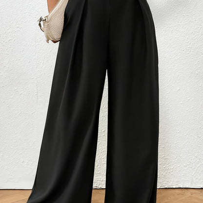 Plus Size Solid Pleated Wide Leg Pants, Casual High Waist Pants, Women's Plus Size Clothing