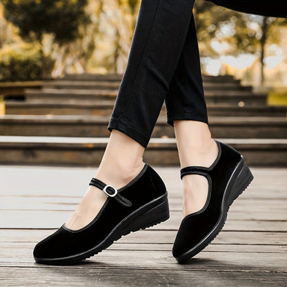 Stylish Womens Solid Color Wedge Heeled Shoes - All-Season, Buckle Closure, Comfortable Platform Shoes with All-Weather Grip and Plain Toe - Perfect for Casual Occasions