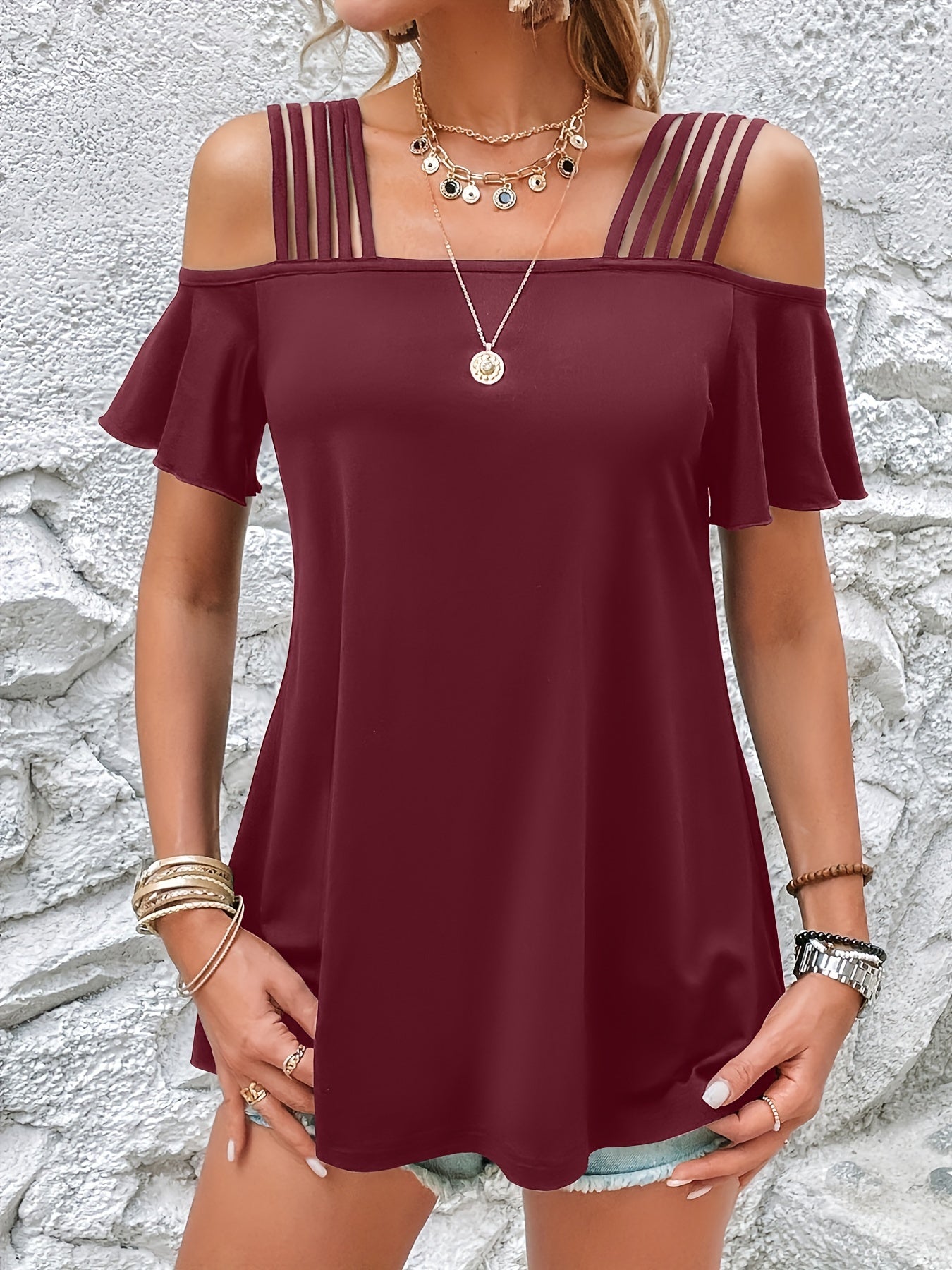 vlovelaw Solid Cold Shoulder Cami Top, Sexy Short Sleeve Summer Top, Women's Clothing