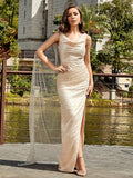 Sequined Cowl Neck Mesh Splicing Dress, Elegant Sleeveless Bodycon Split Dress For Party & Banquet, Women's Clothing