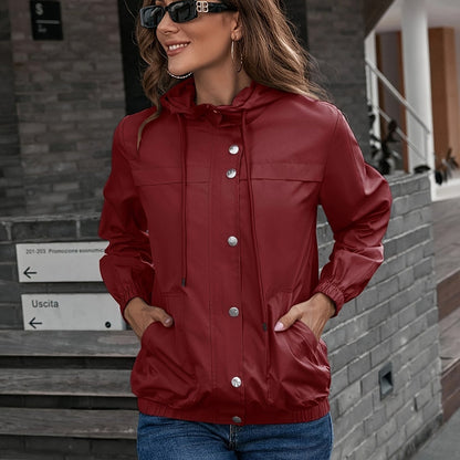 Drawstring Hooded Windproof Jacket, Casual Solid Long Sleeve Outerwear, Women's Clothing