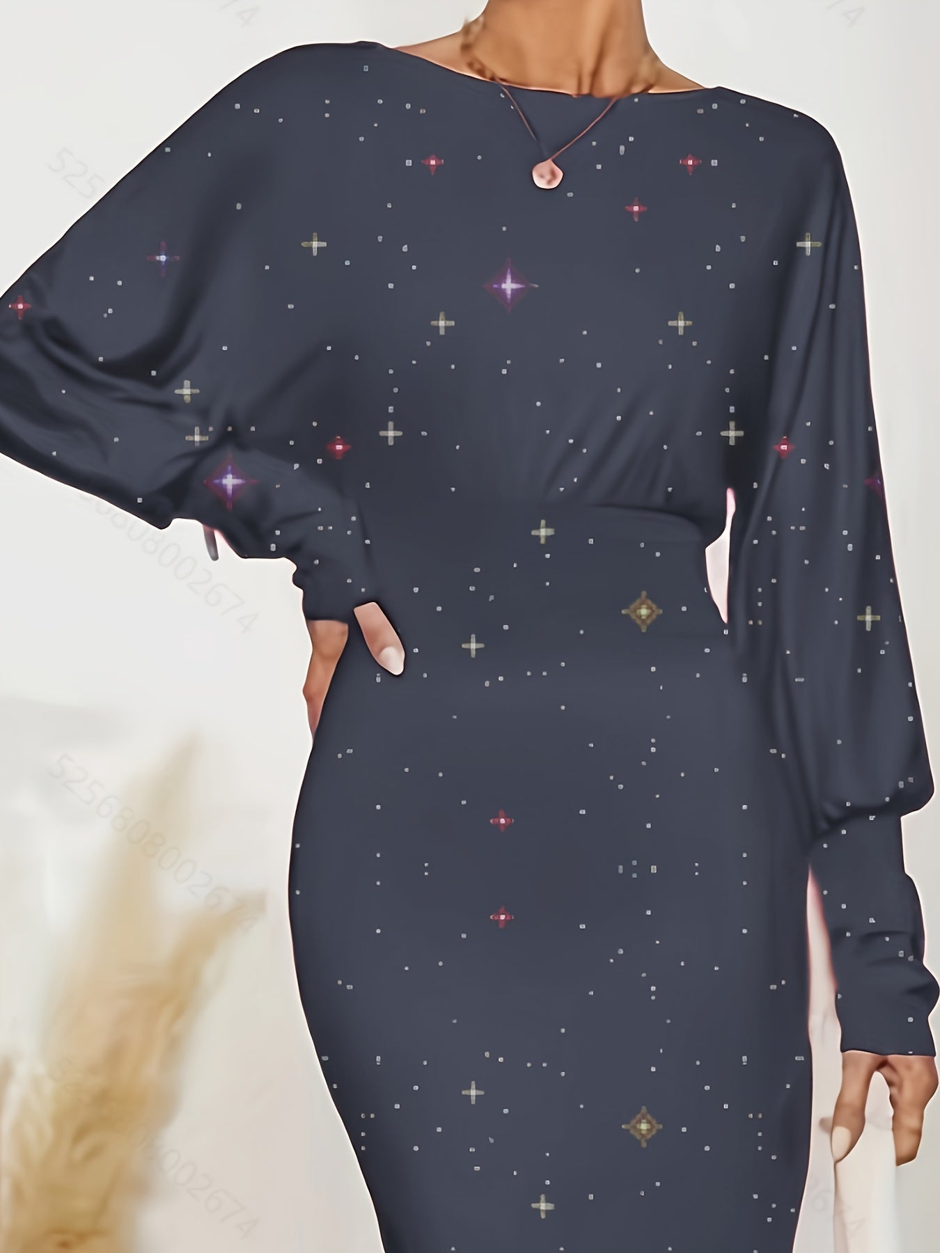 Star Print Batwing Sleeve Slim Dress, Casual Crew Neck Pencil Dress, Women's Clothing