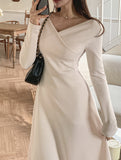 vlovelaw  Solid A-line Dress, Elegant V Neck Long Sleeve Dress For Spring & Fall, Women's Clothing