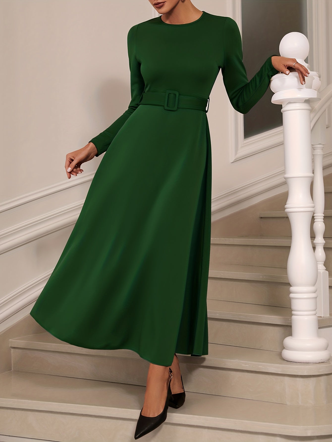 Solid Long Sleeve Belt Dress, Elegant Crew Neck Dress For Spring & Fall, Women's Clothing