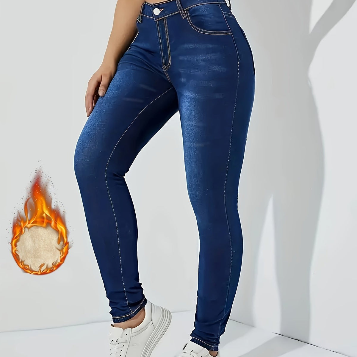 vlovelaw  Fleece Liner Casual Skinny Jeans, Slant Pockets Slim Fit Stretchy Tight Jeans, Women's Denim Jeans & Clothing