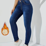 vlovelaw  Fleece Liner Casual Skinny Jeans, Slant Pockets Slim Fit Stretchy Tight Jeans, Women's Denim Jeans & Clothing