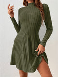 vlovelaw  Solid Ribbed Dress, Casual Mock Neck Long Sleeve Dress, Women's Clothing