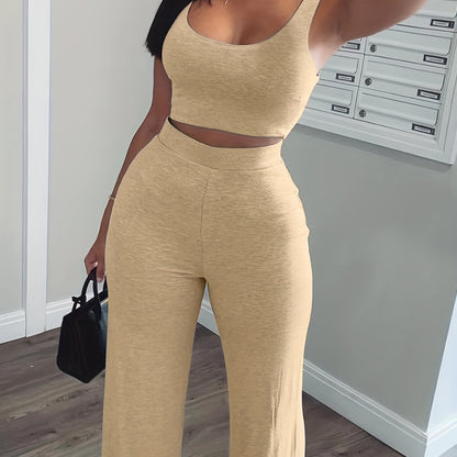 vlovelaw Casual Workout 2 Pieces Set, Cropped Sleeveless Tank Top & High Waist Wide Leg Pants Outfits, Women's Clothing