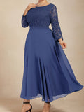 vlovelaw  Plus Size Contrast Lace Bridesmaid Dress, Elegant Crew Neck Long Sleeve Midi Dress For Wedding Party, Women's Plus Size Clothing