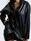 vlovelaw  Solid PU Leather Jacket, Casual Button Front Long Sleeve Outerwear, Women's Clothing