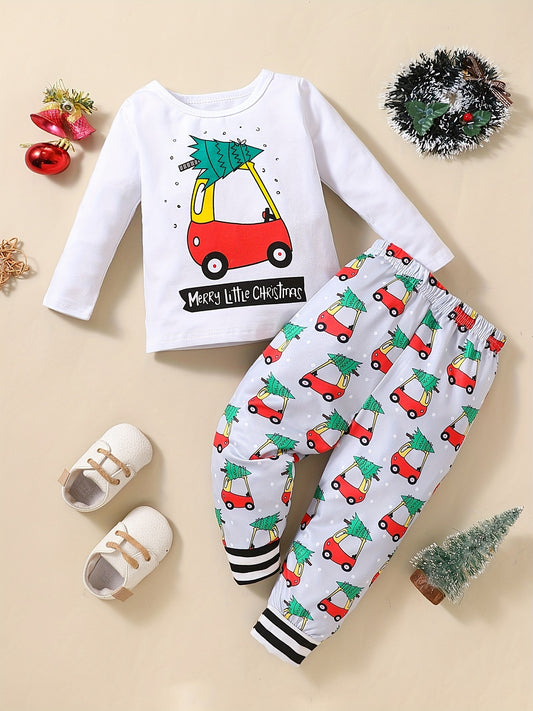 Christmas Boys Baby Toddler Cotton Long Sleeve Cute Small Car Print Top & Full Print Trousers Set Autumn Winter 2pcs Clothes Outdoor Set