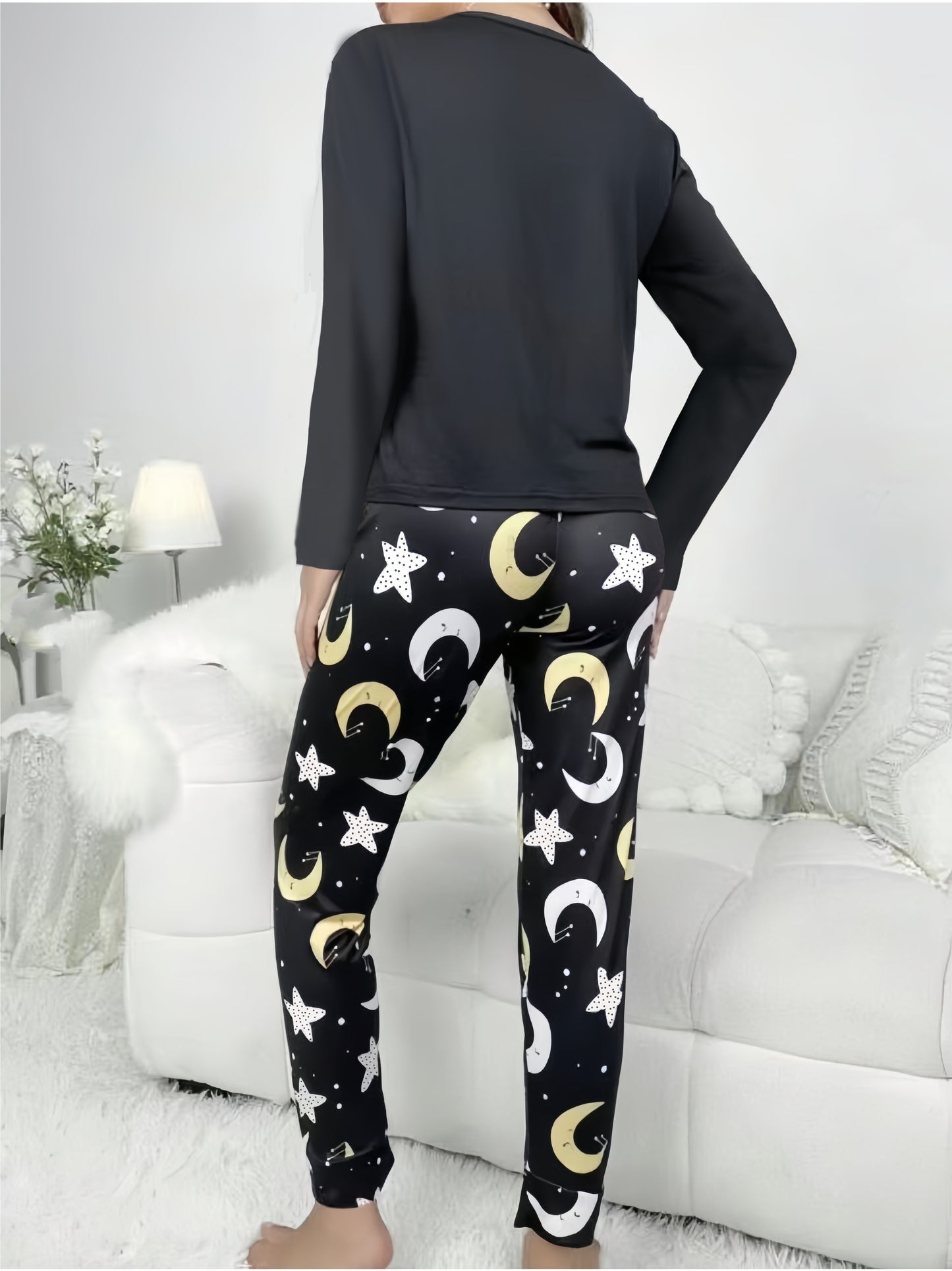 vlovelaw  Moon & Star Print Lounge Set, Long Sleeve Crew Neck Top & Elastic Waistband Pants, Women's Loungewear & Sleepwear