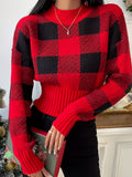 vlovelaw  Plaid Crew Neck Pullover Sweater, Casual Long Sleeve Fall Winter Sweater, Women's Clothing