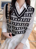 vlovelaw  Allover Pattern V Neck Knitted Vest, Vintage Sleeveless Sweater For Spring & Fall, Women's Clothing