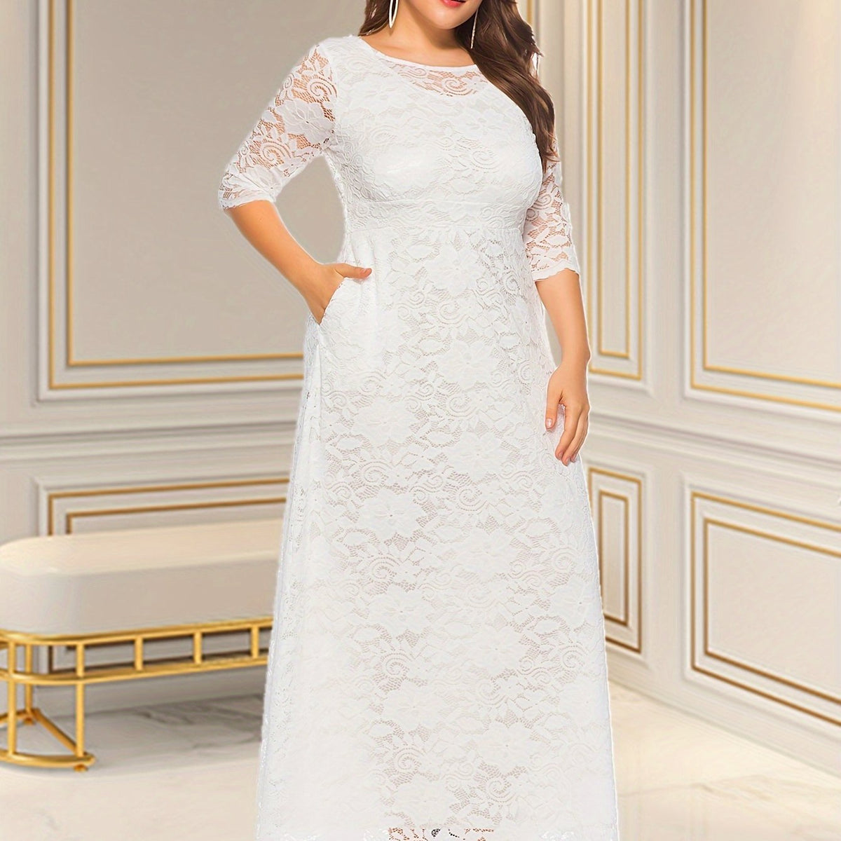 Plus Size Elegant 3/4 Sleeve Crew Neck Lace Dress - Fitted, Trapeze Hem, Pocket Details - Perfect for Wedding, Evening, Occasion, Engagement, Ceremony, and All-Season Events