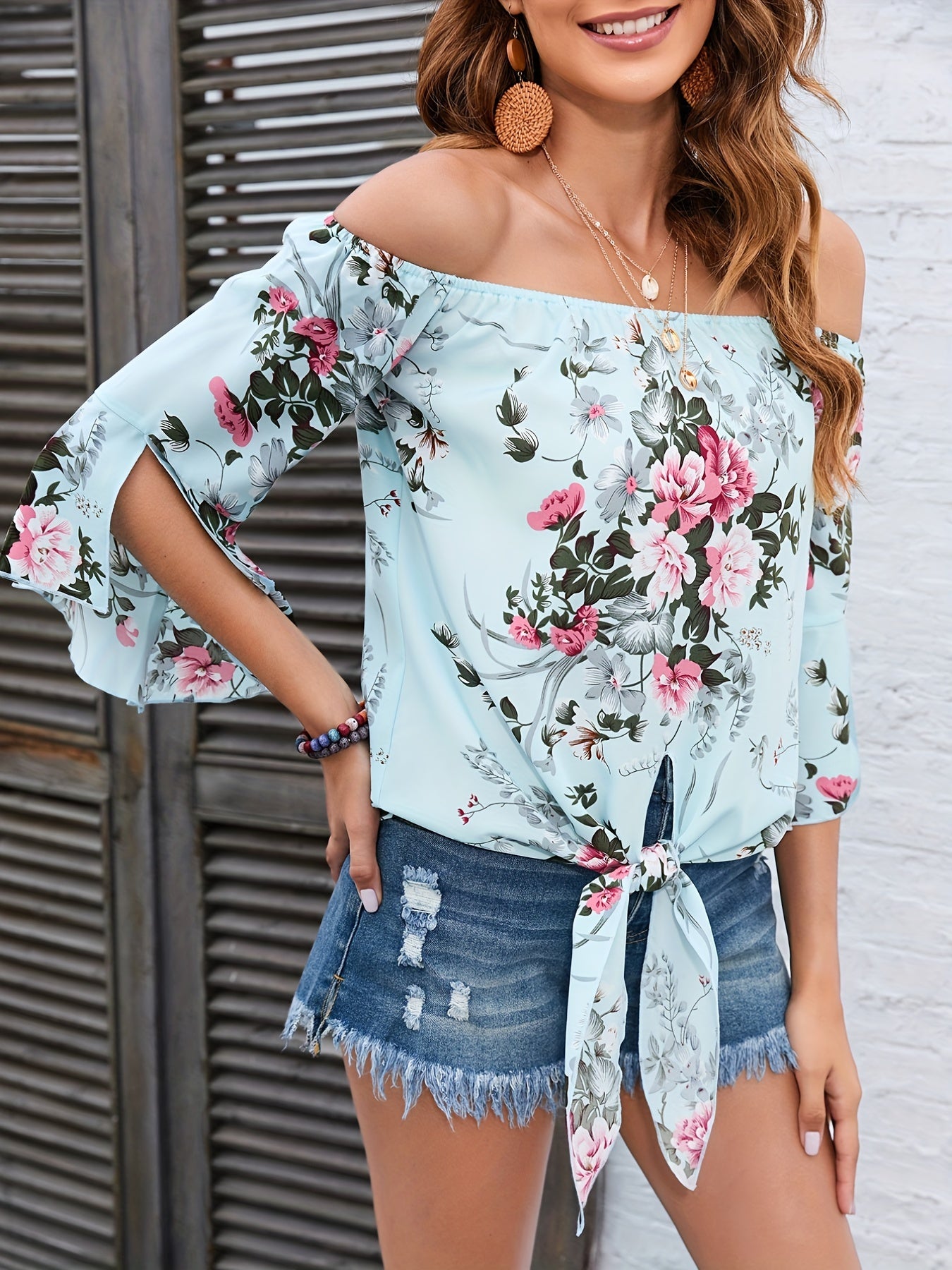 vlovelaw  Floral Print Off Shoulder Blouse, Casual Half Sleeve Blouse For Spring & Summer, Women's Clothing