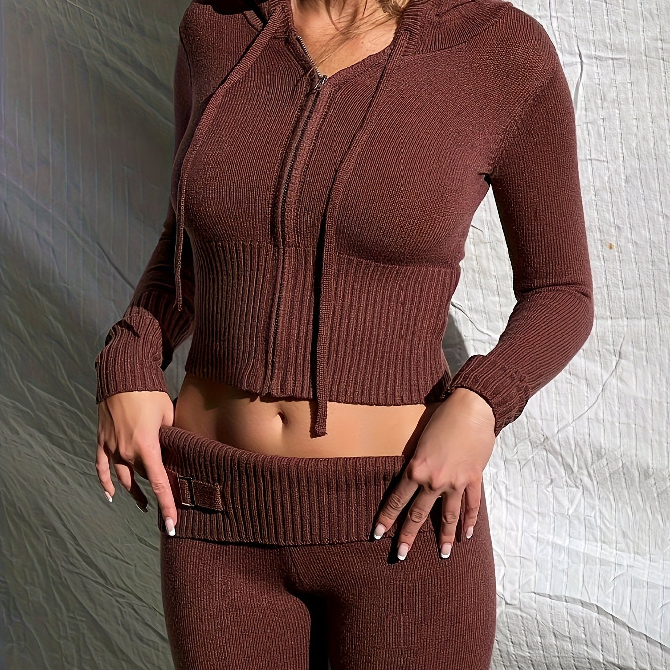 vlovelaw  Y2K Knitted Two-piece Set, Hooded Zipper Cardigan & High Waist Pants Outfits, Women's Clothing