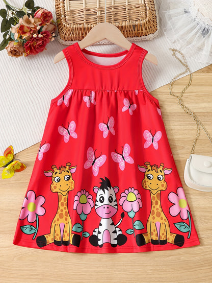 Charming Sleeveless Cartoon Dress for Girls - Crew Neck, Adorable Summer Party Outfit, Perfect Birthday Present.