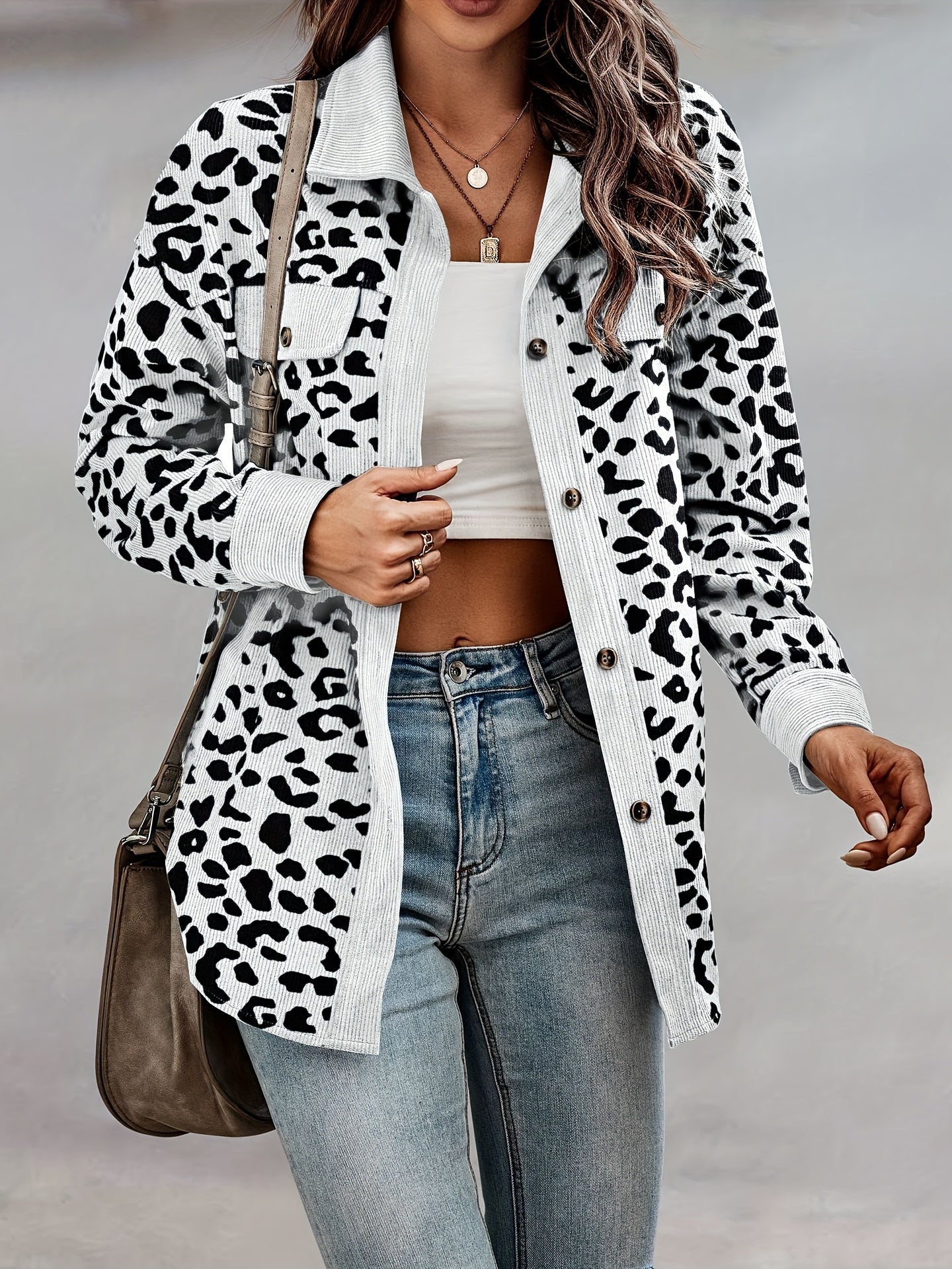 vlovelaw  Leopard Print Shacket Jacket, Casual Button Front Turn Down Collar Long Sleeve Outerwear, Women's Clothing