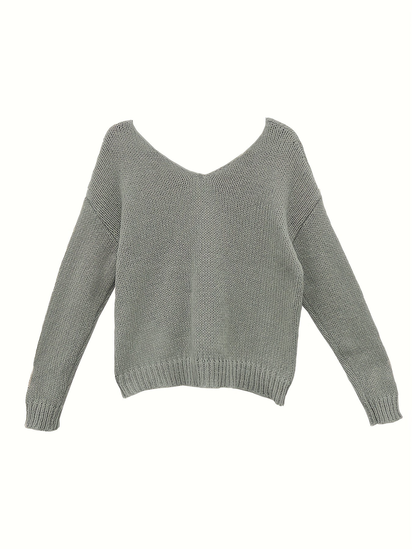 Solid V Neck Knitted Top, Casual Long Sleeve Pullover Sweater For Spring & Fall, Women's Clothing