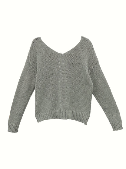 Solid V Neck Knitted Top, Casual Long Sleeve Pullover Sweater For Spring & Fall, Women's Clothing