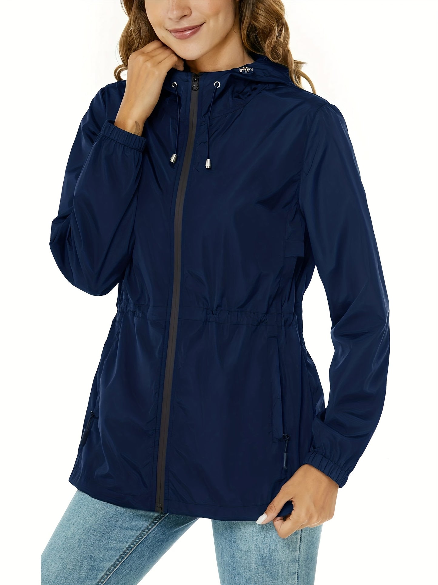 vlovelaw  Drawstring Hooded Jacket, Casual Zip Up Long Sleeve Solid Outerwear, Women's Clothing