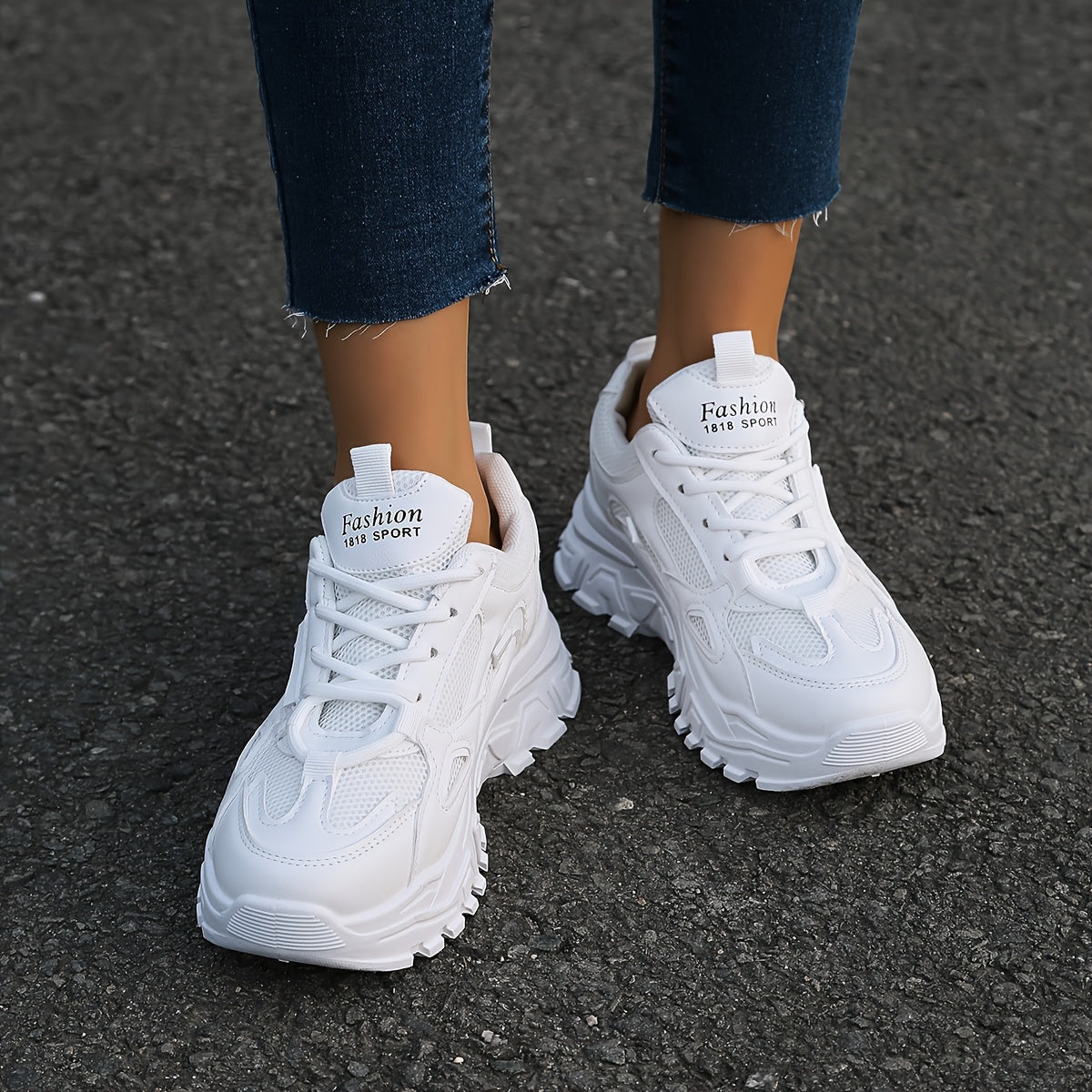 vlovelaw  Fashion Simple Thick Bottom White Shoes, Comfortable And Breathable Lace Up Outdoor Sneakers