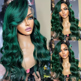 13*4 Inch Premium Lace Front Wigs for Women - Vibrant Green Hair with Black Roots, Loose Curly Body Wave, Heat Resistant, 180% Density, Pre-Plucked with Baby Hair, Natural Looking, Daily Wear, Vacation Style