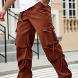 vlovelaw  Solid Men's Chic Daily Cargo Pants With Big Pockets And Drawstring, All Seasons Outdoor Pants