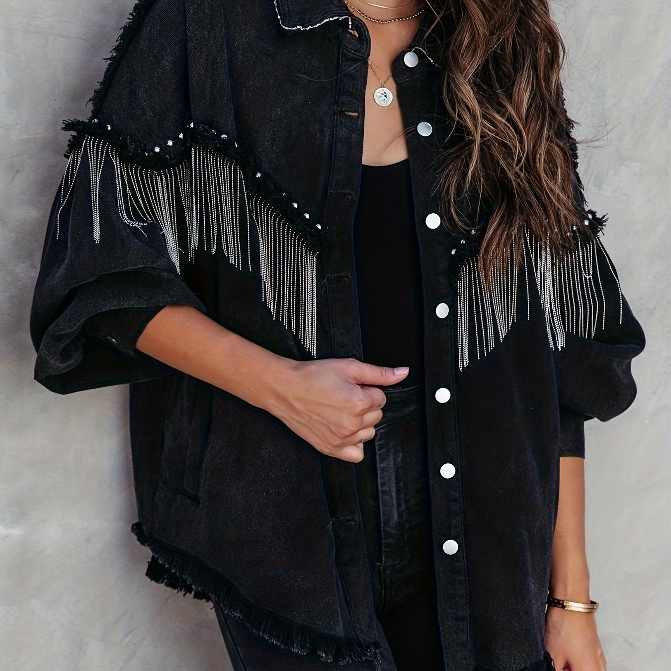 Black Fringe Decor Denim Jackets, Frayed Trim Long Sleeves Studded Street Style Denim Coats, Women's Denim Clothing