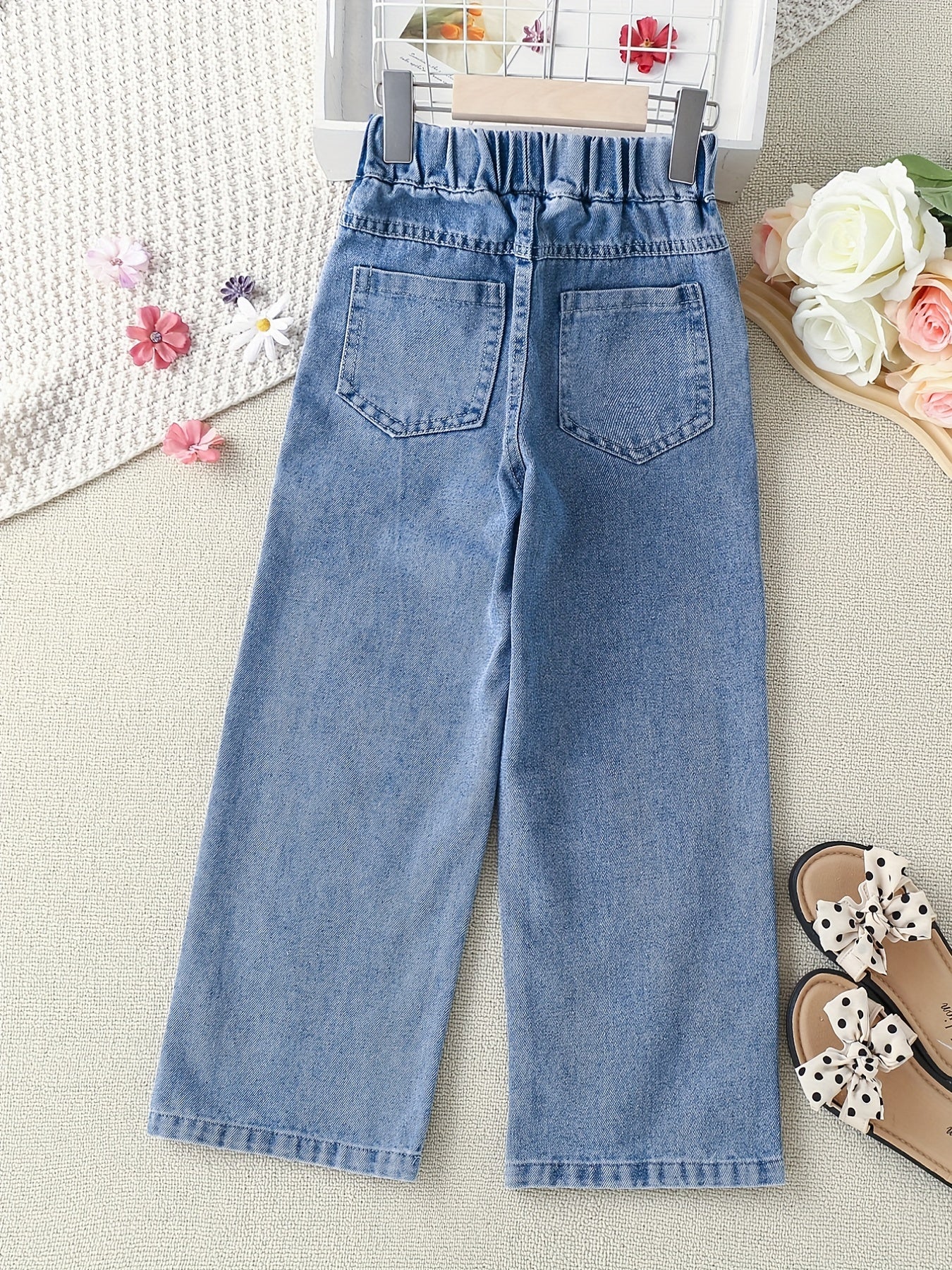 vlovelaw  Toddler Girls Button Jeans Elastic Waist Loose Wide Leg Denim Pants Kids Spring Summer Clothes