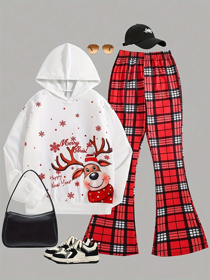 Girls' 2pcs Christmas Outfit: Reindeer & Snowflake Hoodie with Plaid Flare Pants Set - Cozy Polyester Blend, Perfect for Fall/Winter, Perfect for Outdoor