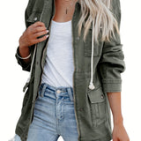 vlovelaw  Button Flap Pockets Drawstring Jacket, Casual Long Sleeve Jacket For Fall & Winter, Women's Clothing