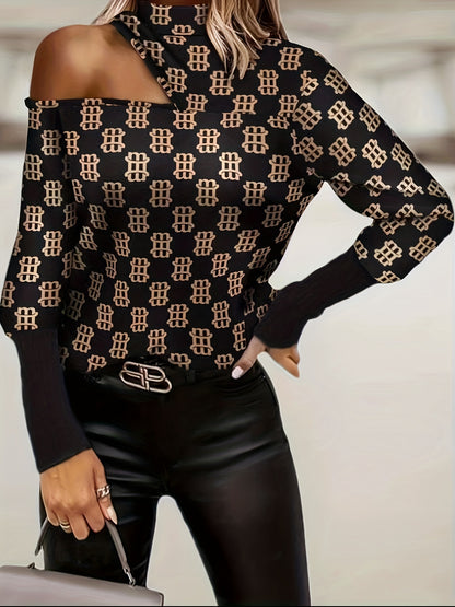 Allover Print Cut Out Blouse, Sexy Long Sleeve Mock Neck Blouse, Women's Clothing