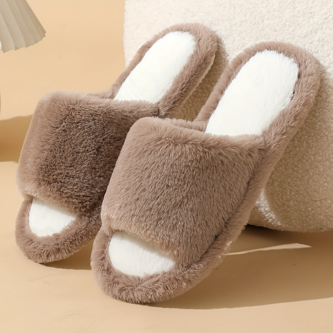 Elegant Solid Color Fluffy Slippers, 2 Fuzzy Plush Indoor Home Non-Slip Slippers, Indoor Warm Cozy Shoes