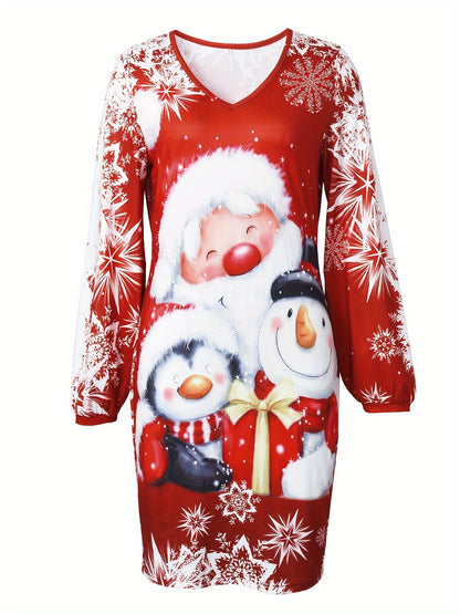 vlovelaw  Christmas Santa Print Dress, Casual V Neck Long Sleeve Mini Dress, Women's Clothing