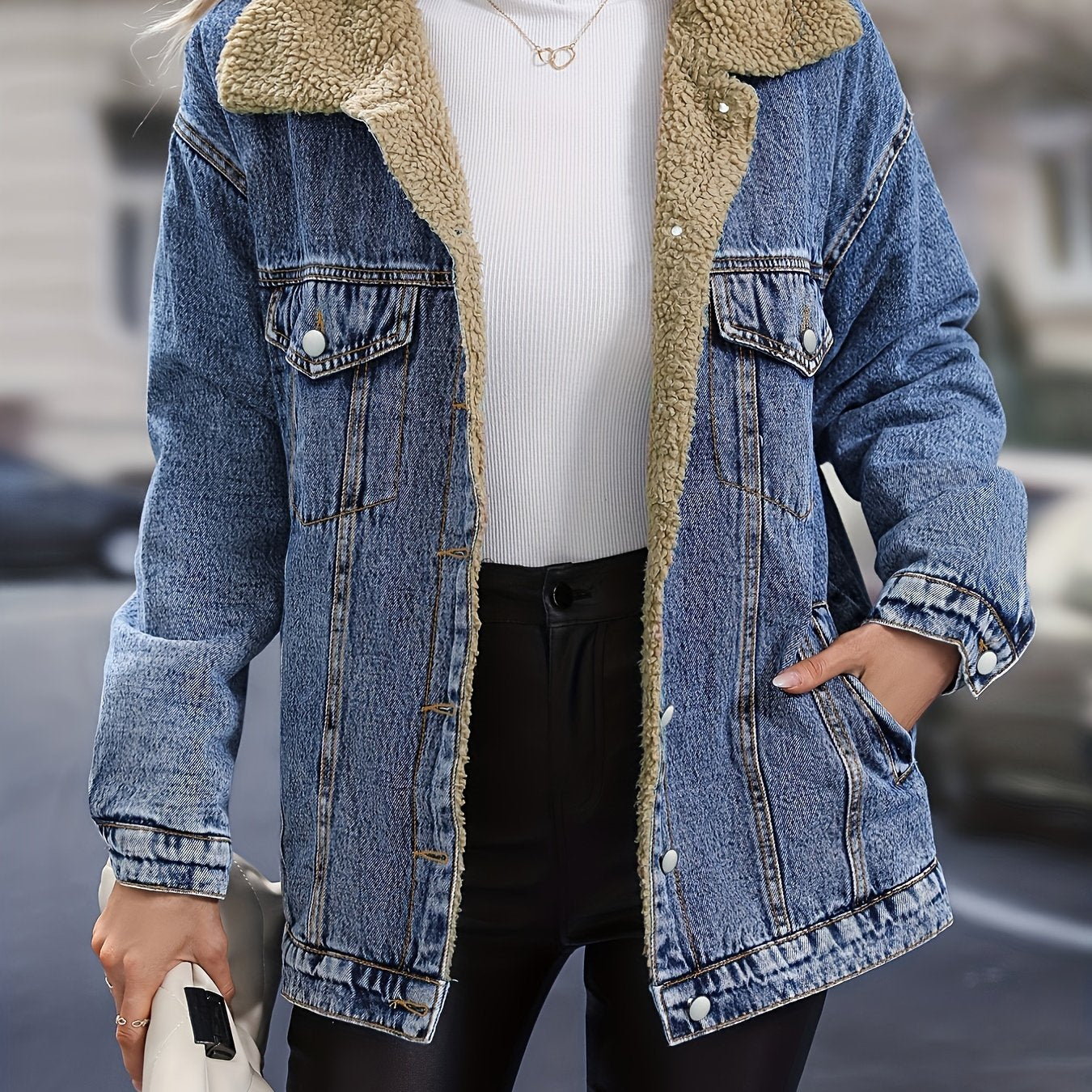 vlovelaw  Fleece Lined Single-breasted Long Sleeve Denim Jacket Lapel Slash Pocket Comfy Warm Winter Denim Coat, Women's Denim Jeans & Clothing