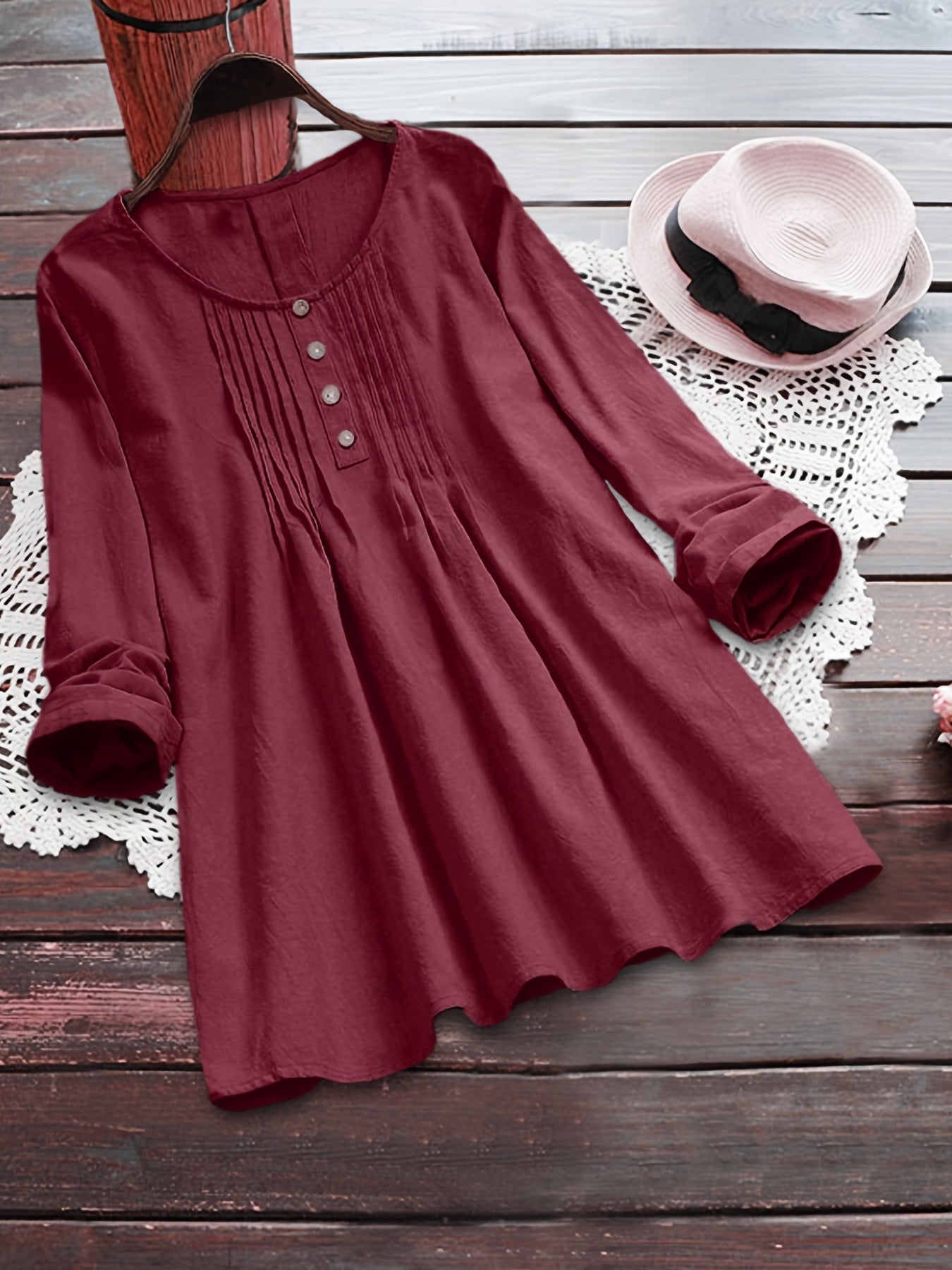 Plus Size Button Decoration Round Neck Oversized Blouse, Women's Plus Ruched Front Women Tops