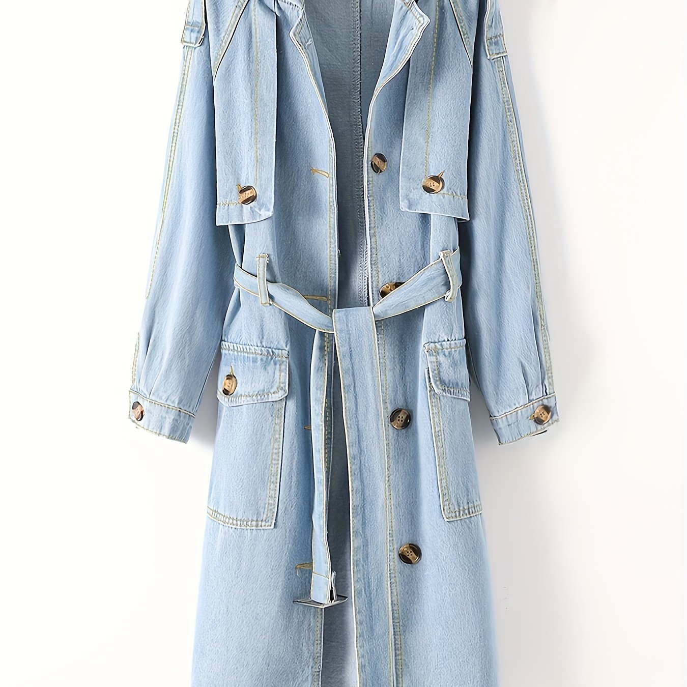 vlovelaw  Blue Long Sleeves Long Denim Coat, Flap Pockets With Waistband Casual Long Denim Jacket, Women's Denim Clothing