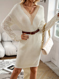 vlovelaw Guipure Lace Pointelle Knit Dress, Elegant V-neck Drop Shoulder Dress, Women's Clothing