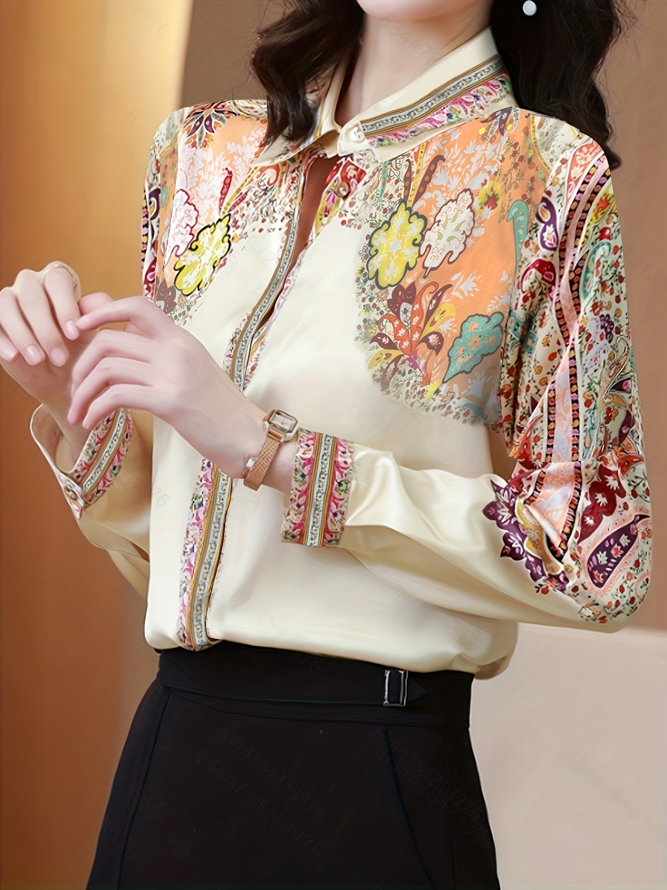 vlovelaw Floral Print Flat Collar Shirt, Vintage Long Sleeve Button Up Shirt For Spring & Fall, Women's Clothing