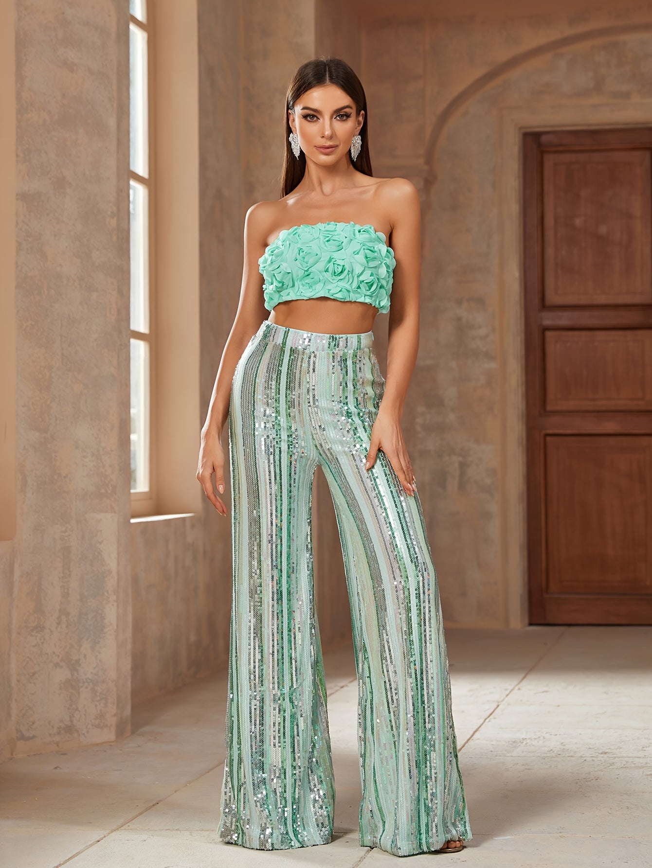 vlovelaw  Elegant Two-piece Set, Floral Patttern Crop Tube Top & Sequined Wide Leg Pants Outfits, Women's Clothing