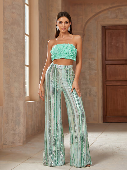 vlovelaw  Elegant Two-piece Set, Floral Patttern Crop Tube Top & Sequined Wide Leg Pants Outfits, Women's Clothing