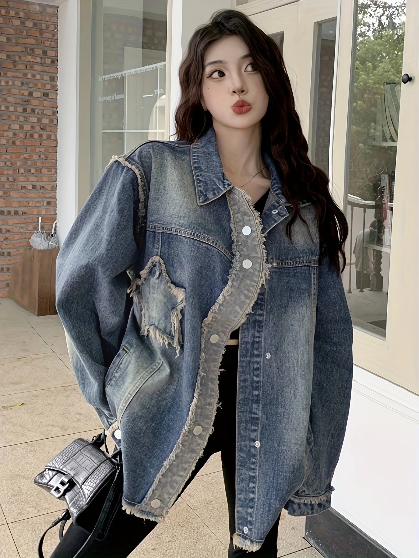 Blue Star Raw Seam Denim Coat, Long Sleeves Raw Hem Loose Fit Lapel Denim Jacket, Women's Denim Clothing