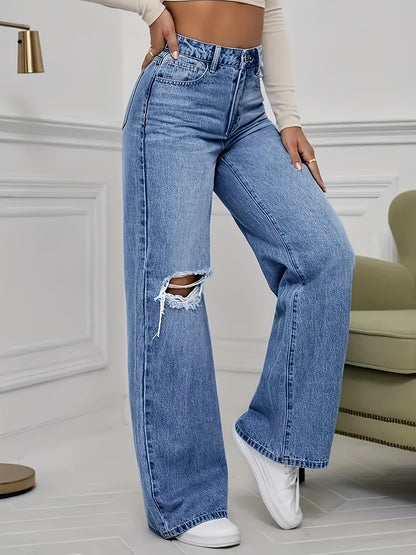 Loose Ripped Holes Wide Leg Jeans, Distressed Loose Denim Pants With Slant Pocket, Women's Denim Jeans & Clothing