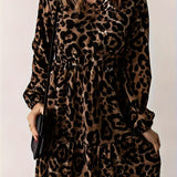 Leopard Print Ruffle Hem Dress, Vintage V Neck Long Sleeve Dress, Women's Clothing