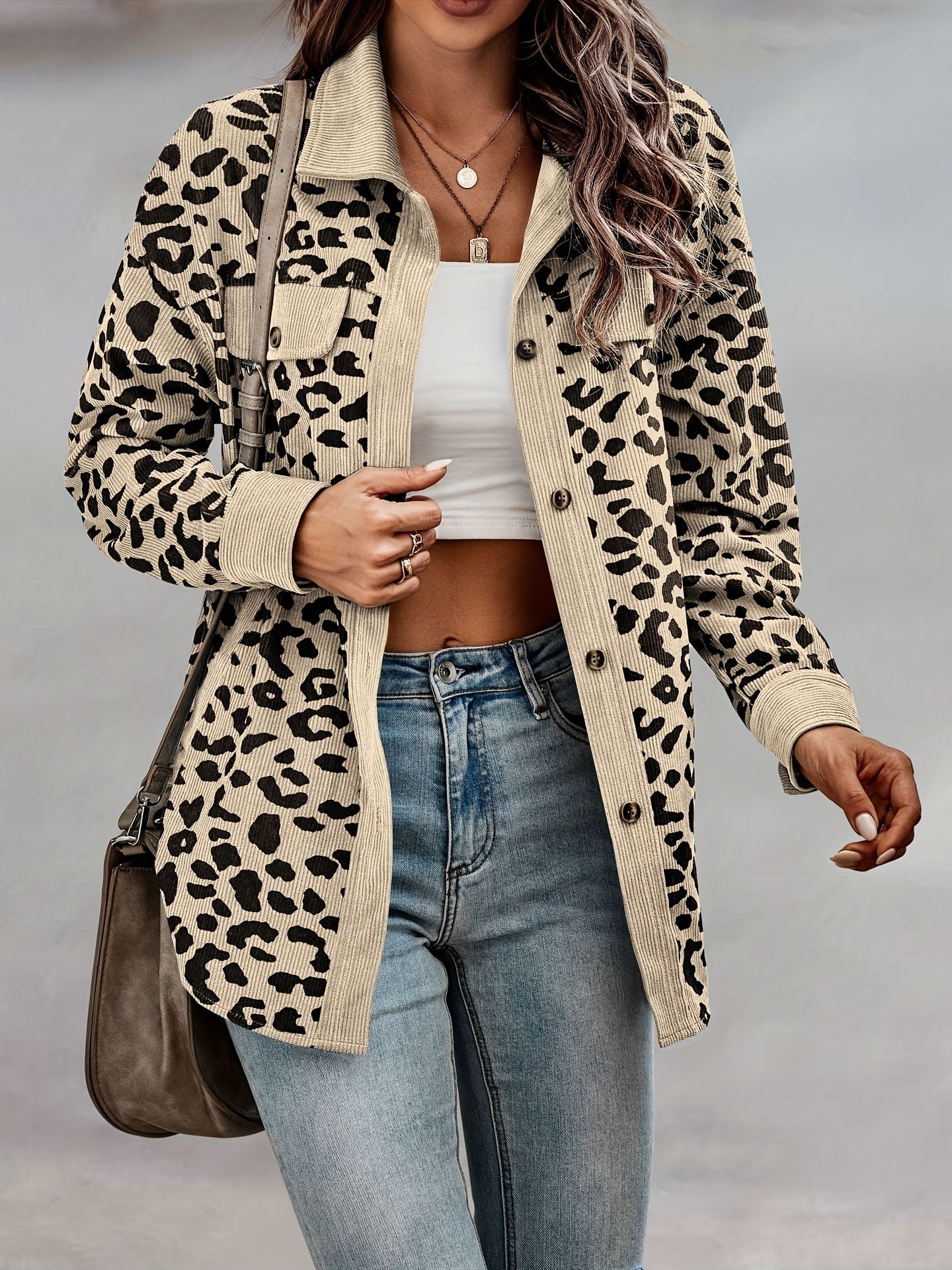 vlovelaw  Leopard Print Shacket Jacket, Casual Button Front Turn Down Collar Long Sleeve Outerwear, Women's Clothing