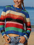 vlovelaw  Colorful Striped Crochet Coverup, Vacation Crew Neck Long Sleeve Coverup, Women's Clothing