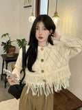 Solid Button Down Knit Cardigan, Elegant Tassel Trim Long Sleeve Crop Sweater, Women's Clothing